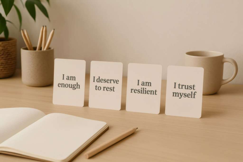 Four small white cards standing on a wooden desk displaying positive affirmations: I am enough, I deserve to rest, I am resilient, and I trust myself.